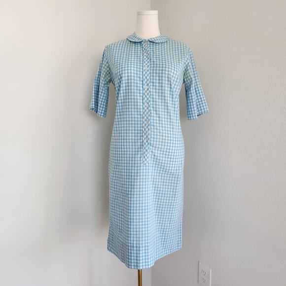 60s Country Miss Blue Gingham Button Front Dress Peter Pan Collar Midi M - Picture 1 of 7